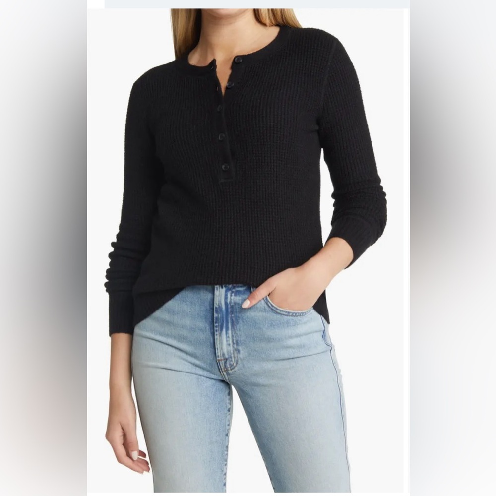 Caslon Cozy Waffle Sweater Henley, Black, Size Medium